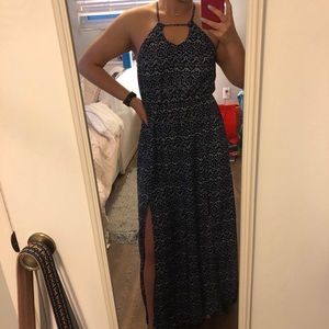 Blue and white patterned maxi dress